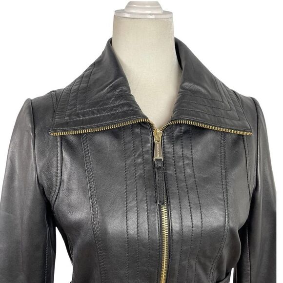 Michael Kors Missy Wing Collar Black Leather Moto Jacket Size XS $695 - Picture 4 of 16